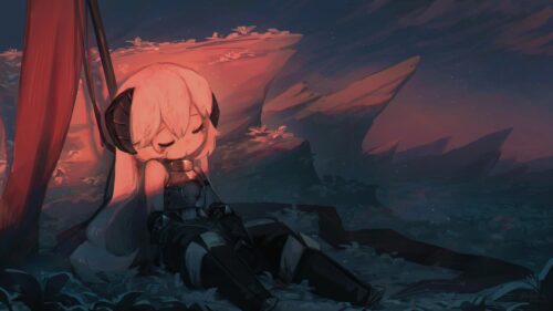Anime Girl Sleeping by Campfire in Mysterious Night Landscape 4K Wallpaper