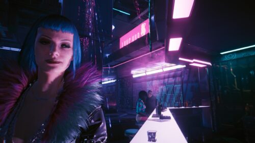 Cyberpunk 2077 Blue Hair Woman in Neon Nightclub 4K PC Wallpaper