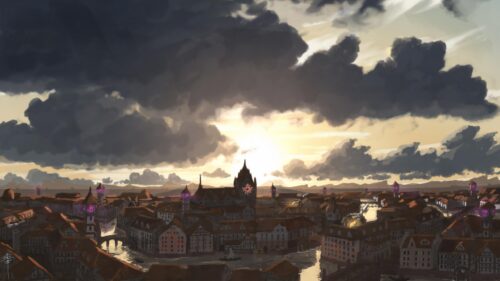Fantasy Medieval City Sunset Over Canal PC Wallpaper