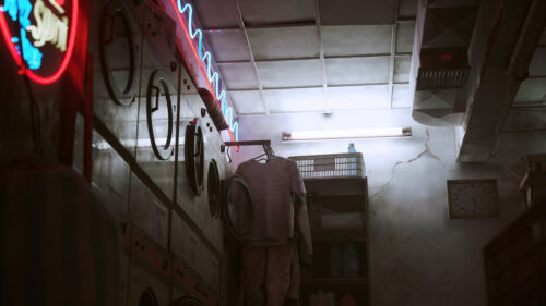 Cinematic Cyberpunk Laundry Room Neon Lights 4K Desktop Wallpaper