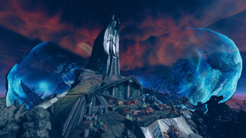 Futuristic Alien Fortress on Distant Planet 4K Desktop Wallpaper
