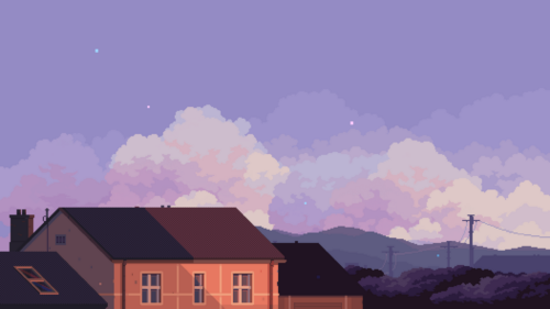 Aesthetic Pixel Art Purple Sunset Over Suburban Houses Desktop Wallpaper