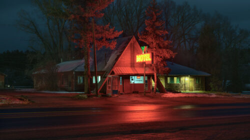 Eerie Neon Motel at Night Cinematic Landscape PC Wallpaper