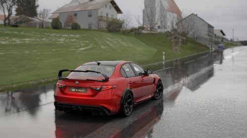 Stunning Red Alfa Romeo Giulia GTAm on Rainy European Road 4K Wallpaper