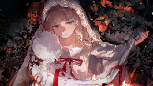 Anime Girl with Lace Veil and Red Roses Aesthetic PC Wallpaper