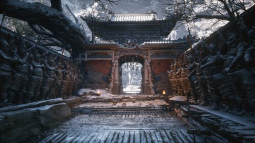 Ancient Frozen Temple Entrance with Stone Warrior Statues 4K Desktop Wallpaper