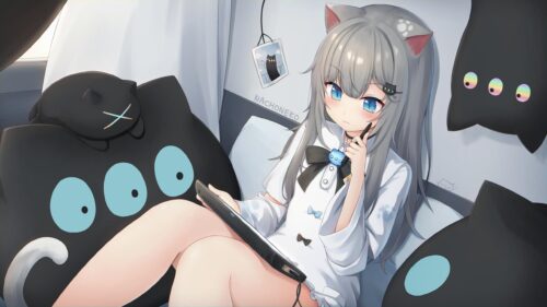 Cute Anime Cat Girl Digital Artist Drawing on Tablet 4K Wallpaper