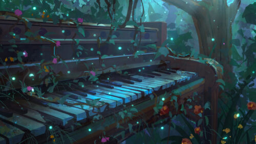 Enchanted Forest Piano with Glowing Fireflies Desktop Wallpaper