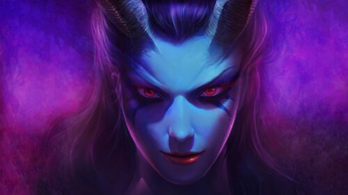 Mystical Blue Demoness with Glowing Red Eyes 4K PC Wallpaper
