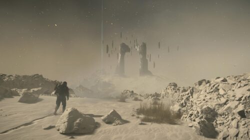 Futuristic Sci Fi Explorer in Desolate Alien Wasteland 4K Wallpaper