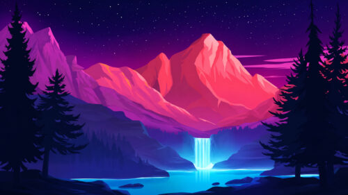 Neon Pink Mountain Landscape with Glowing Waterfall 4K PC Wallpaper