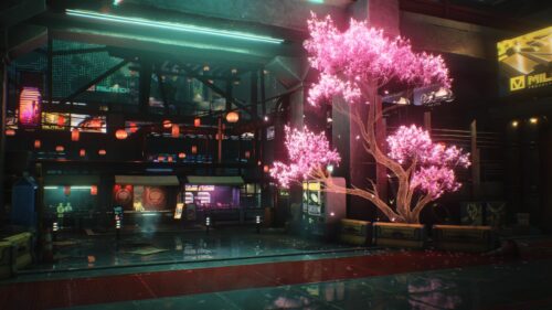 Cyberpunk Neon Cherry Blossom Tree Night City 4K Desktop Wallpaper