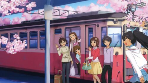 Anime Friends at Cherry Blossom Train Station 4K PC Wallpaper