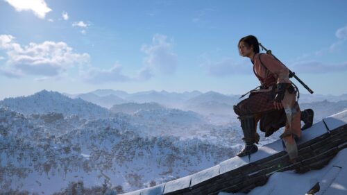 Atsu Crouching on Snowy Roof Ghost of Yotei PC Wallpaper