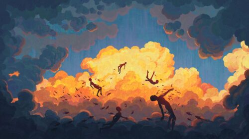 Surreal People Floating in Golden Sunset Clouds Art PC Wallpaper