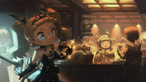 Chibi Anime Warrior Girl in Fantasy Tavern Scene 4K Wallpaper