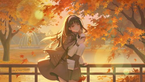 Anime Girl Enjoying Autumn Park Scenery 4K Desktop Wallpaper