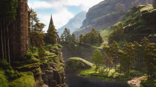 Enchanted Medieval Castle on Mossy Cliffside Fantasy Landscape PC Wallpaper