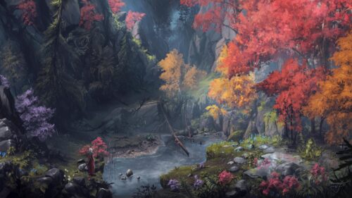 Lone Traveler in a Magical Autumn Forest Rain 4K Wallpaper