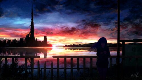 Anime Girl Silhouette Watching a Sci-Fi Futuristic Sunset Cityscape 4K Wallpaper
