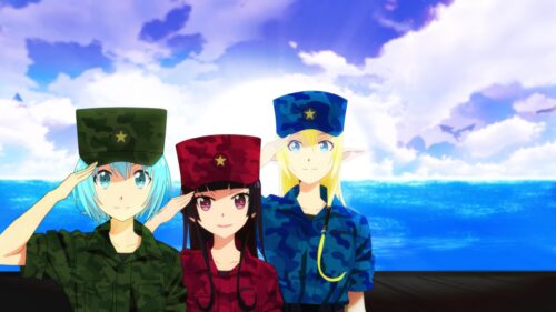 Anime Girls in Camouflage Uniforms Saluting by the Ocean PC Wallpaper