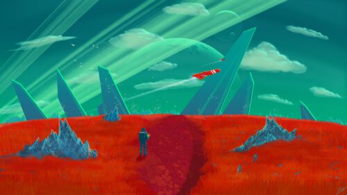 Futuristic Alien Planet Exploration with Spaceship PC Wallpaper