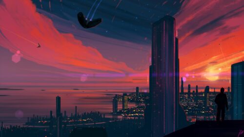 Futuristic Cyberpunk City Skyline at Sunset Silhouette Desktop Wallpaper