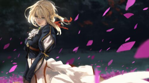 Violet Evergarden Melancholic Anime Girl with Flying Petals 4K Wallpaper