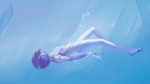 Anime Girl Floating in Futuristic Spacesuit Blue Aesthetic PC Wallpaper