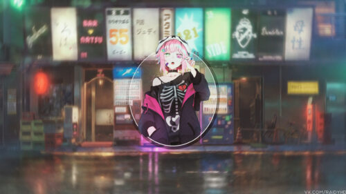 Anime Girl with Pink Hair and Skeleton Hoodie Urban Night Street PC Wallpaper