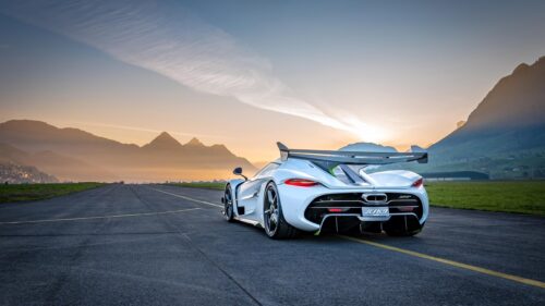 Koenigsegg Jesko White Hypercar on Runway at Sunset PC Wallpaper