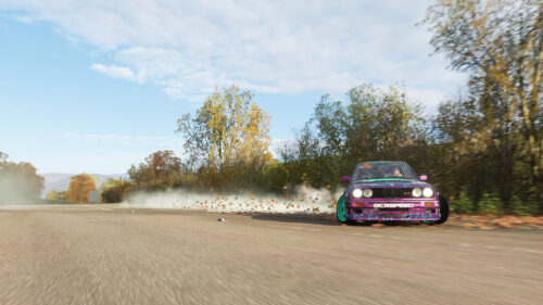 Purple Custom BMW E30 Drifting on Autumn Road Desktop Wallpaper