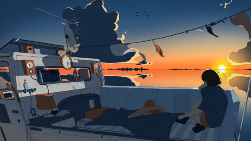 Anime Girl Watching Sunset from Truck Bed Cozy Scenery PC Wallpaper