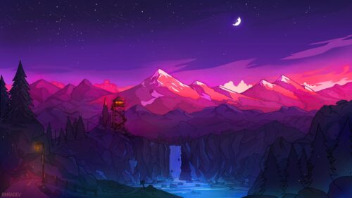Stunning Neon Sunset Mountain Landscape with Waterfall PC Wallpaper