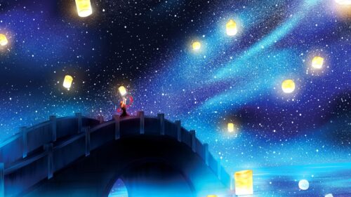 Girl Releasing Floating Lanterns Under Milky Way Night Sky PC Wallpaper