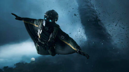 Wingsuit Soldier Gliding Near Massive Tornado Battlefield PC Wallpaper