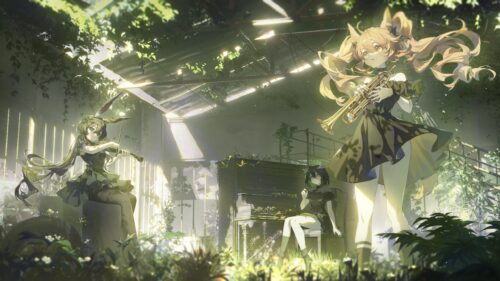 Anime Girls Playing Music in an Abandoned Greenhouse 4K Wallpaper
