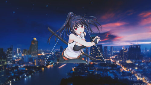 Anime Girl with Katana over Vibrant City Skyline PC Wallpaper