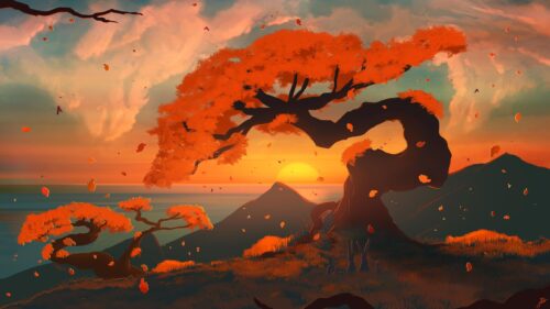 Stunning Autumn Bonsai Tree at Sunset Landscape 4K Wallpaper