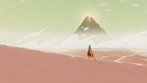 Journey Video Game Traveler in Desert Mountain Landscape 4K Wallpaper
