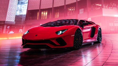 Stunning Red Lamborghini Aventador Supercar Neon City Night 4K Wallpaper