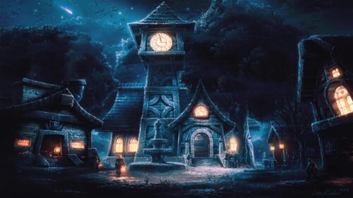 Mystical Medieval Fantasy Village at Night with Glowing Clock Tower 4K Wallpaper