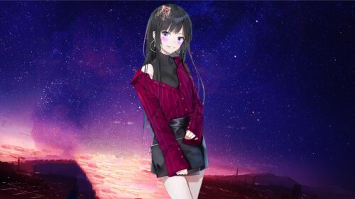 Beautiful Anime Girl in Burgundy Shirt Against Starlit Night Sky Desktop Wallpaper