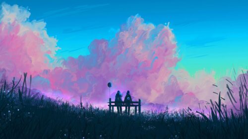 Anime Couple Watching Vibrant Sunset Clouds Aesthetic PC Wallpaper