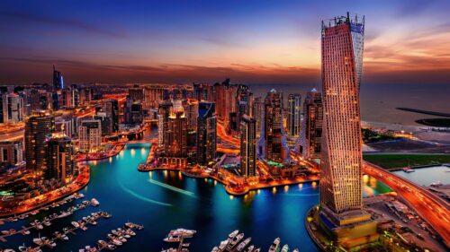 Breathtaking Dubai Marina Skyline Sunset View 4K Desktop Wallpaper
