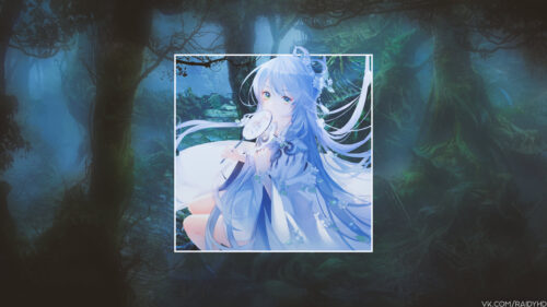 Beautiful Anime Girl with Long Blue Hair in Enchanted Forest PC Wallpaper