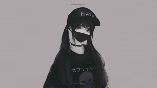 Anime Girl with HATE Hat and Black Mask Aesthetic Desktop Wallpaper