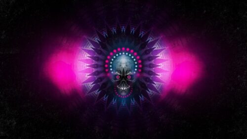Neon Skull Abstract Mandala Cyberpunk Style 4K Wallpaper
