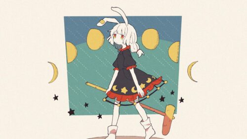 Cute Anime Bunny Girl with Moon Phases Illustration PC Wallpaper