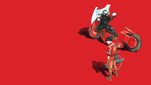 Akira Kaneda with Red Motorcycle Minimalist Aesthetic 4K Wallpaper